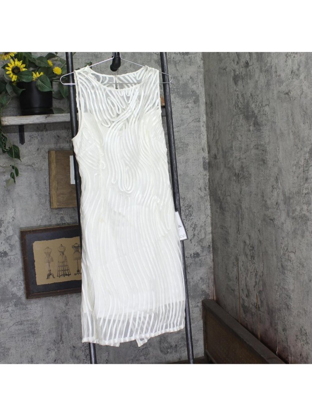 Adrianna Papell Sheer Embroidered Cocktail Sheath Dress Ivory Off White 14